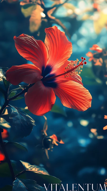 Vibrant Red Hibiscus Bloom Glowing in Warm Sunlight