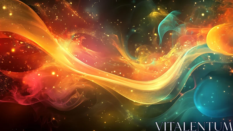 Colored light waves form layered flowing bands across space