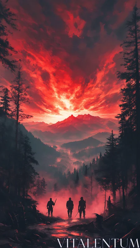 Crimson sky welcomes three adventurers into misty mountains