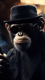 Chimpanzee in hat and sunglasses holding cigarillo portrait.