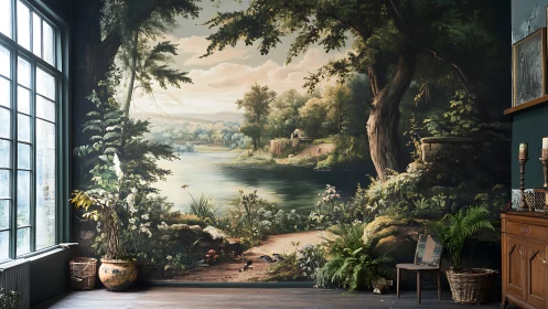Interior wall mural depicts tranquil lakeside forest landscape