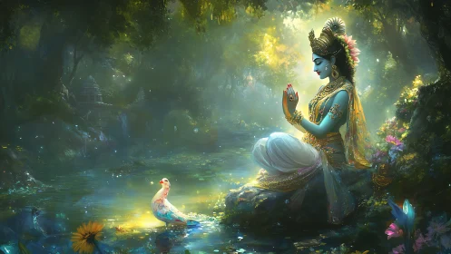 Divine blue-skinned deity meditating beside a luminescent river