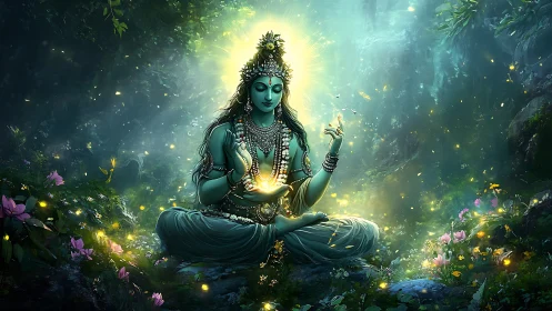 Divine blue figure meditates with glowing forest light
