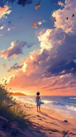 Child walks a sunset shore beneath soaring pastel clouds