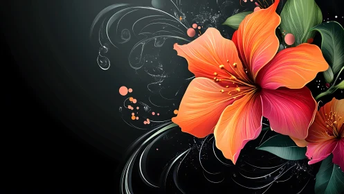 Vibrant Orange Hibiscus Against Dark Ornamental Background.
