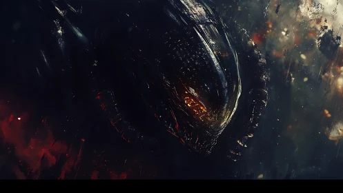 Alien war machine emerging from embers in deep void.