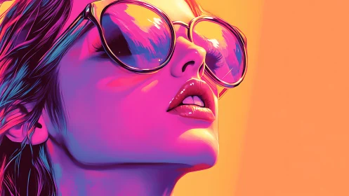 Neon gradient portrait of woman in reflective sunglasses closeup.