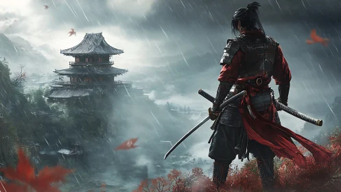 Lone samurai overlooking storm-wrapped mountain temple.
