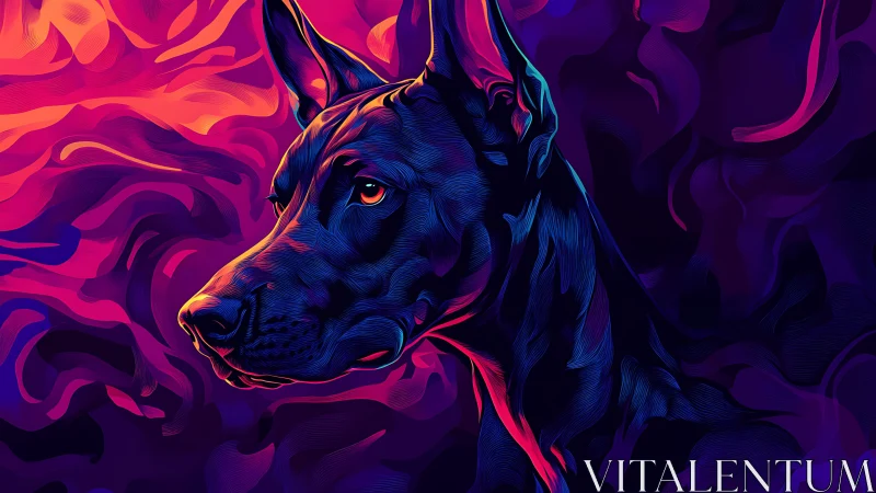 Neon canine portrait glows against swirling violet backdrop