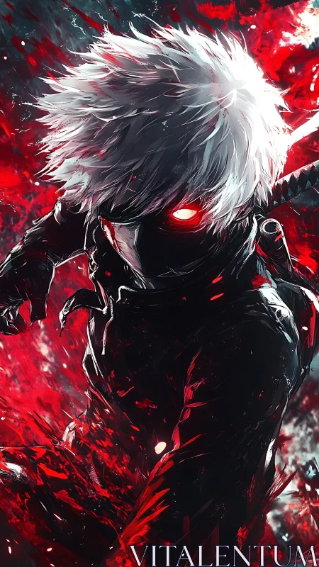 Fierce masked warrior strides through swirling crimson chaos