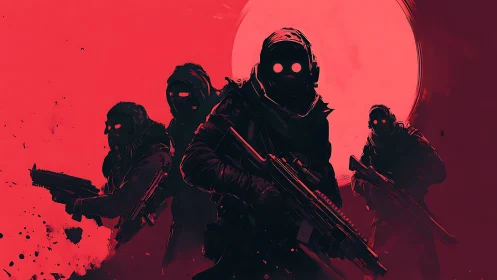 Shadowy moonlit squad stepping from a crimson night.