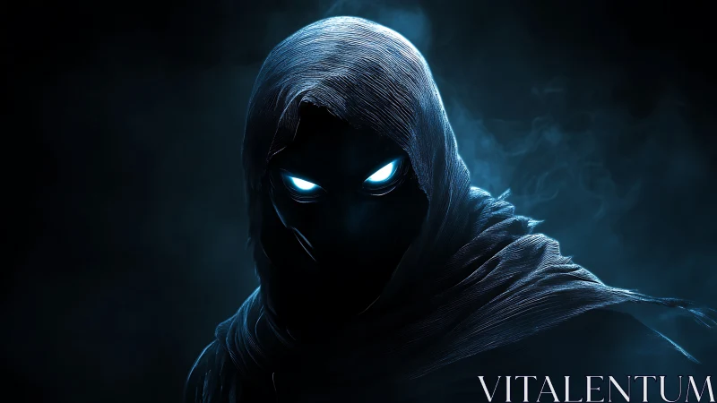 Hooded shadow figure with glowing blue eyes dominates frame