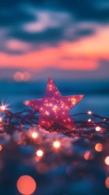 Glittering pink star glows warmly against dreamy twilight sky