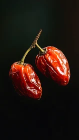 Two glossy red chili peppers hang suspended on dark background