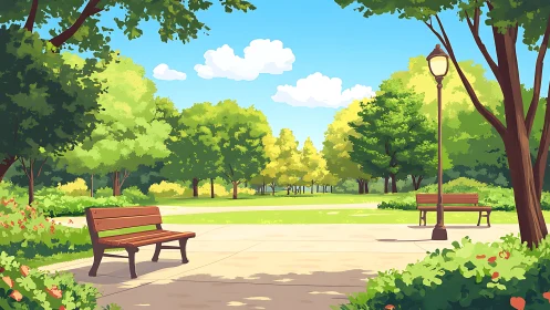 Quiet park path with benches under bright summer sky.