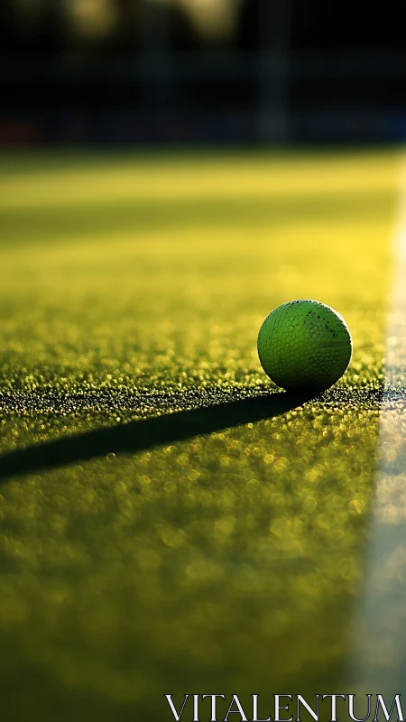 Sunlit tennis ball resting quietly on a glowing court.