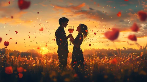 Silhouetted couple toasting with wine glasses amid heart-shaped confetti in golden sunset field