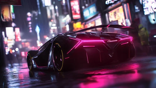 Futuristic supercar shows neon rear lights on wet night street