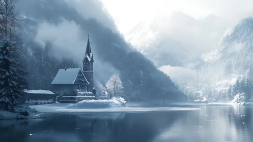 Snowbound lakeside church rises beside misty alpine forest