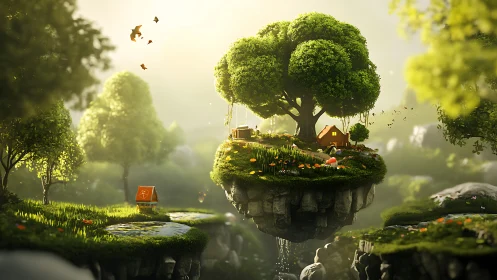 Cozy floating tree island with a tiny sunlit cottage.