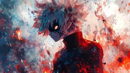 Fiery anime hero rising from swirling sparks and embers.