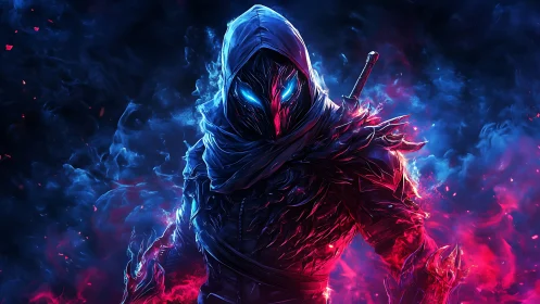 Hooded cyber warrior with glowing eyes in neon energy storm.