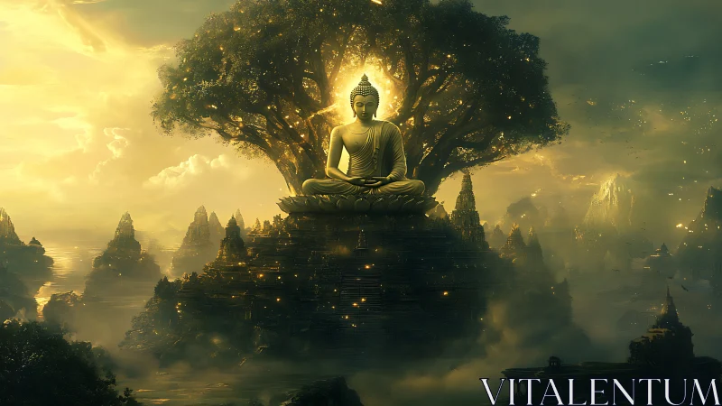 Digital painting of luminous Buddha shrine in misted valley.
