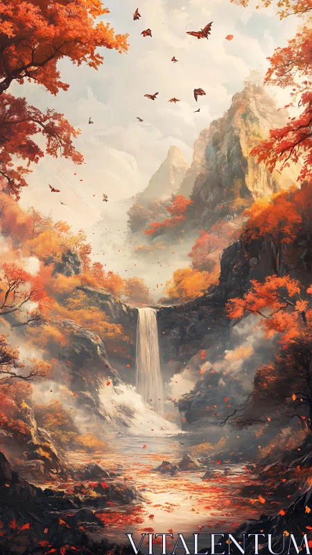 Golden autumn waterfall valley with drifting red leaves.