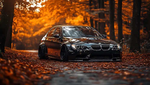 Lowered black BMW sedan with widebody kit on autumn forest road