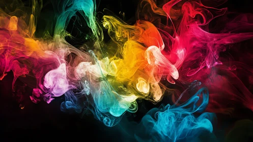 Vibrant multicolor smoke waves over deep black void.