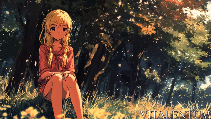 Blonde anime girl seated in sunlit forest clearing.