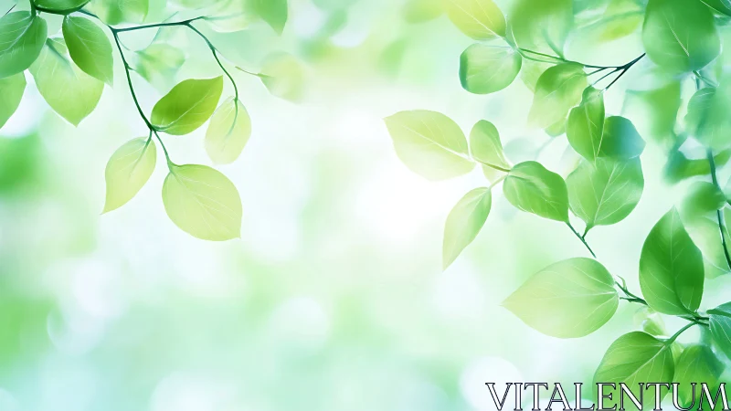 Fresh green leaves frame soft glowing spring background