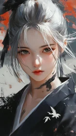 Silver-haired young woman in kimono looks directly forward