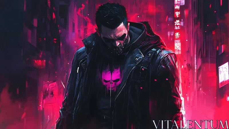 Cyberpunk vigilante stalks neon alley in crimson haze.