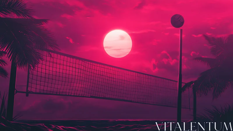 Neon sunset over stylized beach volleyball court scene.