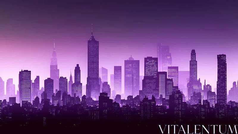 Neon violet metropolis skyline under atmospheric haze.