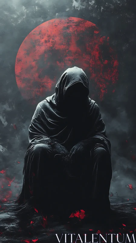 Hooded wraith before blood moon in dark digital painting.