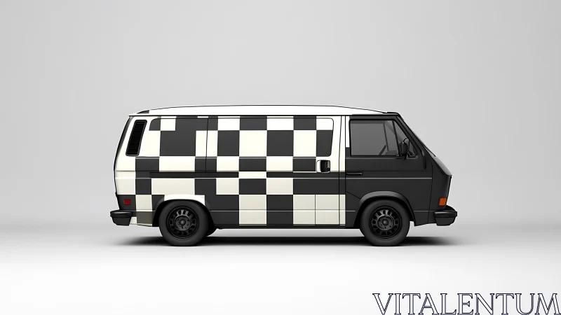 Side view of retro van with black and white checker pattern.