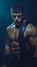 Muscular warrior portrait under moody cinematic lighting
