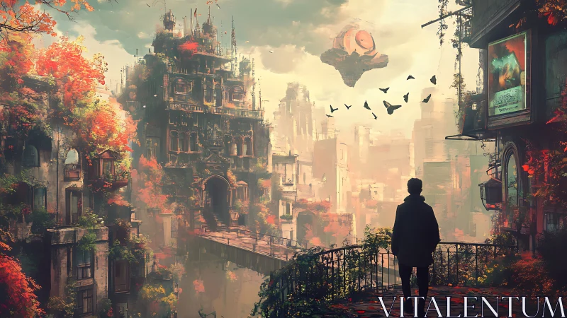 Solitary figure contemplates a lush decaying future city.