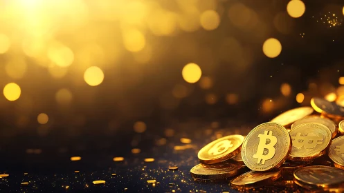 Golden bitcoins tumble forward through glittering bokeh haze