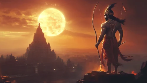 Mythic archer overlooking temple beneath molten sunset.