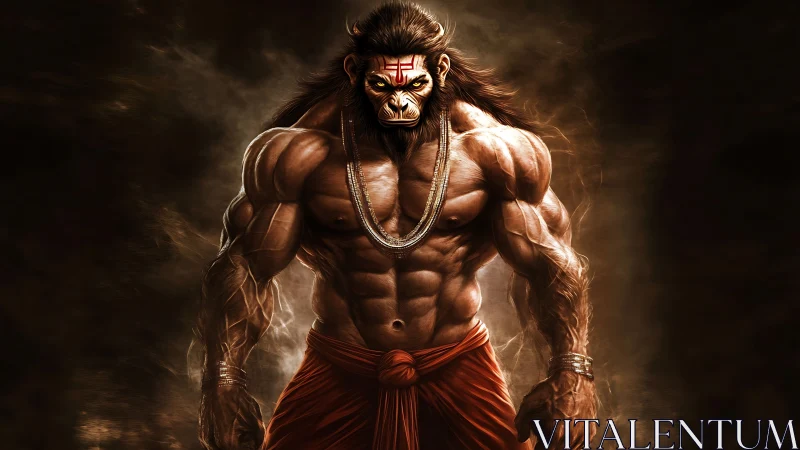 Muscular mythic warrior with simian face in dark setting.