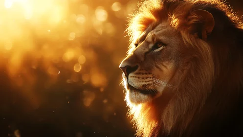 Sunlit lion monarch crowned by molten golden dusk light.
