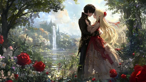 Romantic couple embraces in rose garden before distant castle