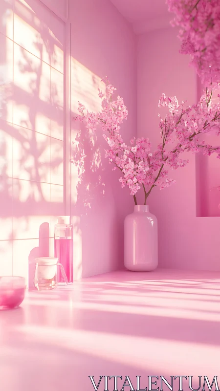 Pink interior with cherry blossoms and soft sunlight.