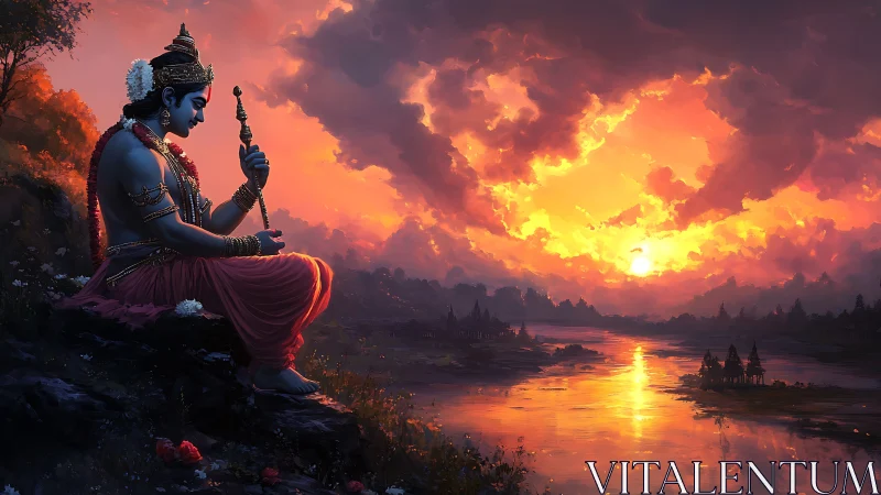 Divine blue figure observing radiant riverine sunset panorama