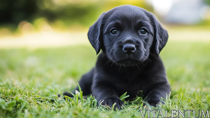 Black puppy rests on grass under soft natural light outdoors.