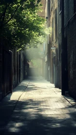 Narrow brick alleyway with morning shafts of volumetric light