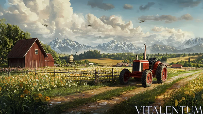 Sunlit red tractor rests quietly among bright country fields